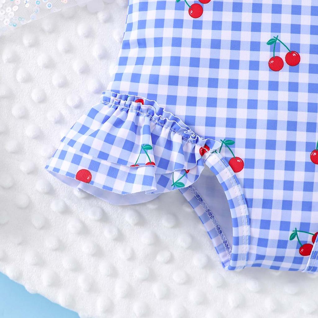 Cute Cherry and Plaid Print Girls One Piece Swimwear Ruffled Flutter Sleeves and Hem Summer Hot Sale for 4 7 Years Girls Pool Beach Wear