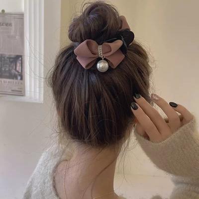 Pearl Bow Tie Hair Claw Clip Plush Ponytail Fixed Elegant Hair Clip Women Headwear Accessory Gift For Girl