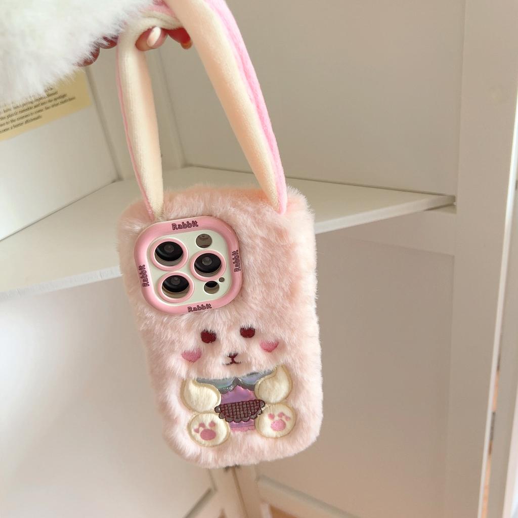 Plush big-eared rabbit mobile phone case for Apple 16PROMAX lens holder 15 autumn and winter 11 furry 13/14