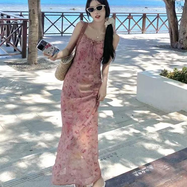 French Coffee Break Floral Suspender Dress Women 2026 Summer Sweet Seaside Vacation Wind Beach Skirt Long Skirt