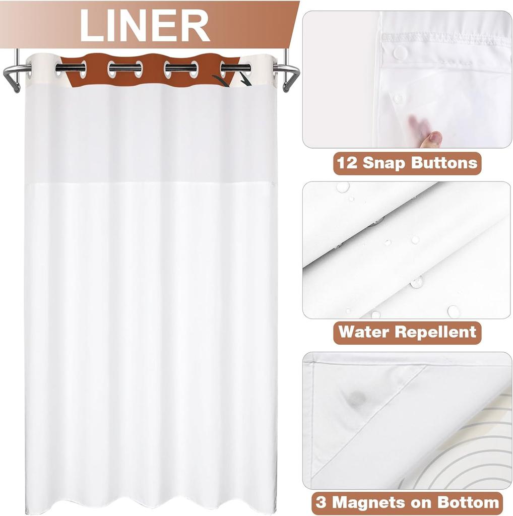 No Hook Shower Curtain with Snap In Liner and Liner Set, Boho Mid Century Sun Shower Curtain for Bathroom Decor 71x74 In