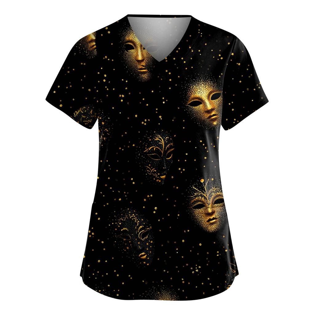 Damenmode V-Ausschnitt Kurzarm Arbeitskleidung mit Taschen Karnevals-Print Oberteil Pflegeuniform