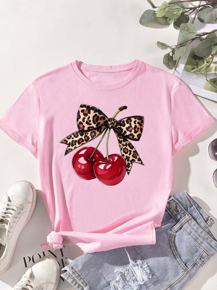 Fashion Lovely Cherry Print TShirt Short Sleeve CrewNeck Casual Commuter Tops for Summer Spring Womens Clothing Otaku Tees