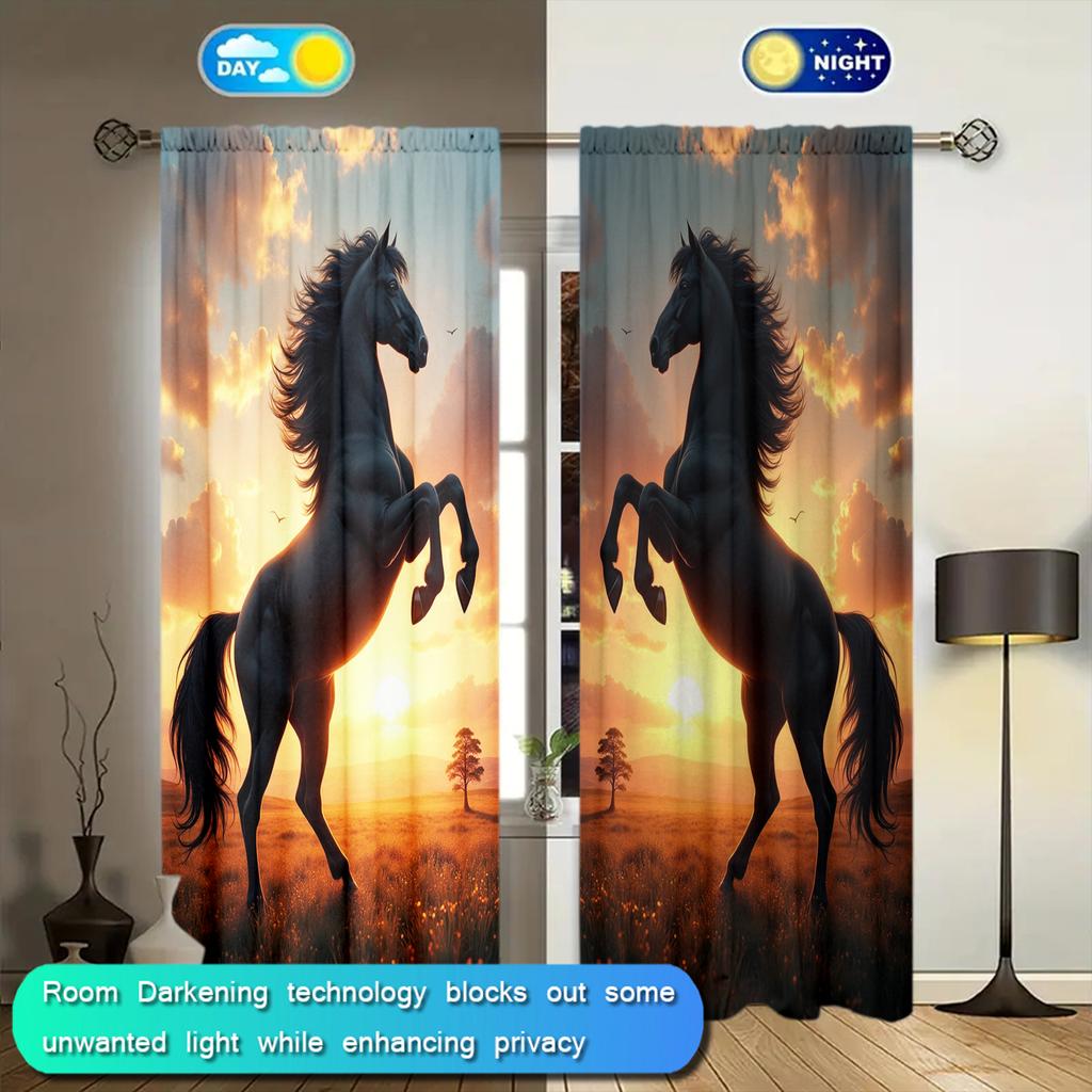 2pcs Brown Steed Under the Sunset Printed Curtain for Home Decor - Rod Pocket Window Treatment for Bedroom, Office, Kitchen