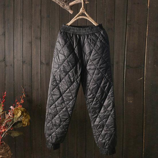 Women Winter Pants High Elastic Waist Thick Padded Solid Color Loose Soft Ankle-banded Casual Pockets Lightweight Lady Down Trousers
