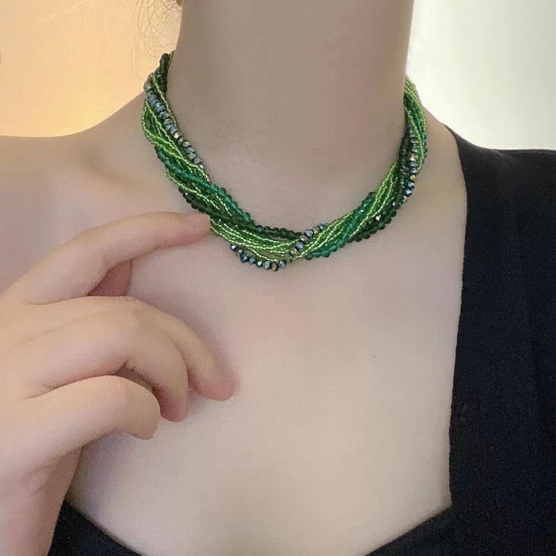 Elegant Multi-Layer Crystal Rhinestone Beaded Necklace Women Green Seed Bead Wrap Chain Alloy Base Micro-Set 2025
