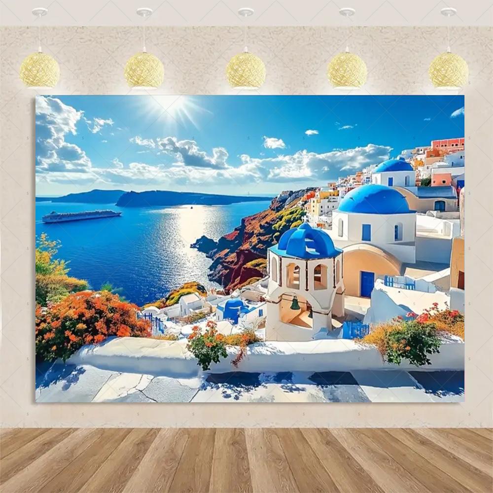 Nordische Griechische Landschaft Hausparty Dekorationen Inselstadt Santorin Blaue Kuppel Kirche Ägäis von Santorin Fotografie Hintergrund