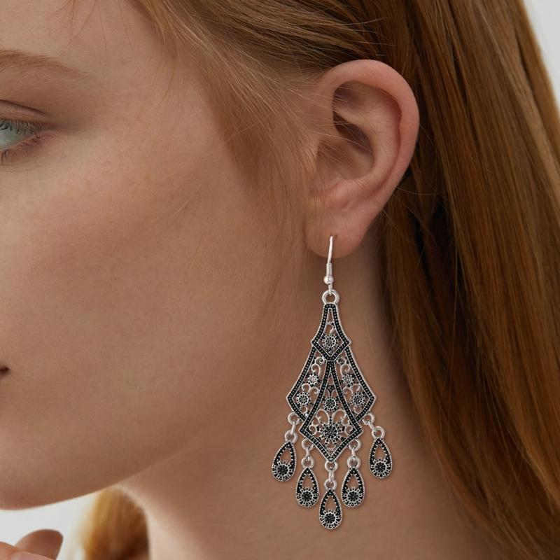 Vintage Hollow Out Droplet Flower Tassels Earrings Zinc Alloy Lightweight Dangle Jewelry for Women