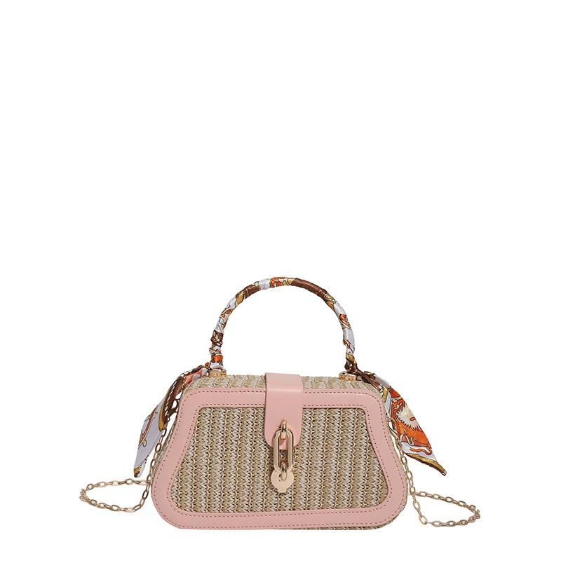 

Patchwork Straw Carry-on Women s Bag Fashion Chain Diagonal Summer Texture Chain Woven Carry-on Box Bag