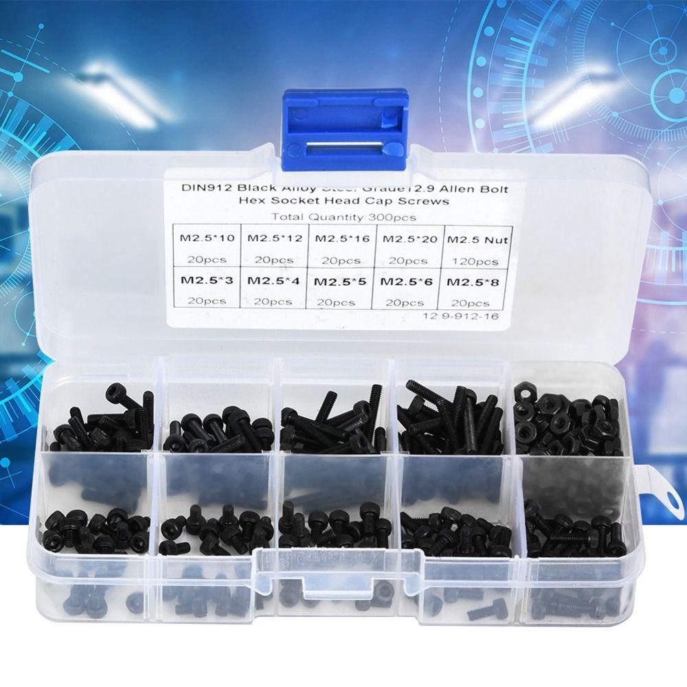 300pcs Alloy Steel Hex Socket Head Screws for automotive maintenance, household use.