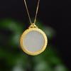 Natural Hetian Jade Ancient Gold Craft Enamel Porcelain Chinese Style Lotus Necklace Retro Round Plaque Pendant Ladies Jewelry