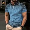 Women Short Sleeve Polo Shirt Blue Gray White Curved Wave Line Abstract Half Zip Lapel Top