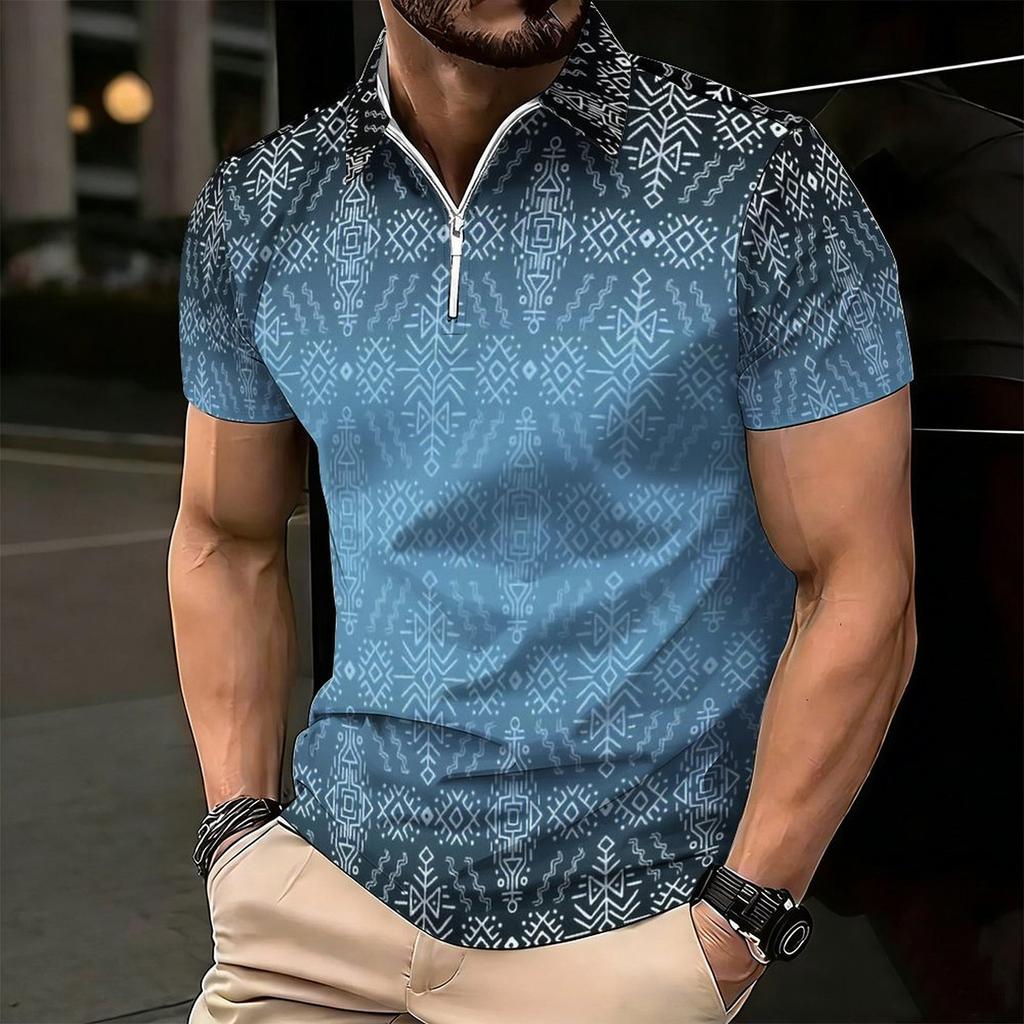 Women Short Sleeve Polo Shirt Blue Gray White Curved Wave Line Abstract Half Zip Lapel Top