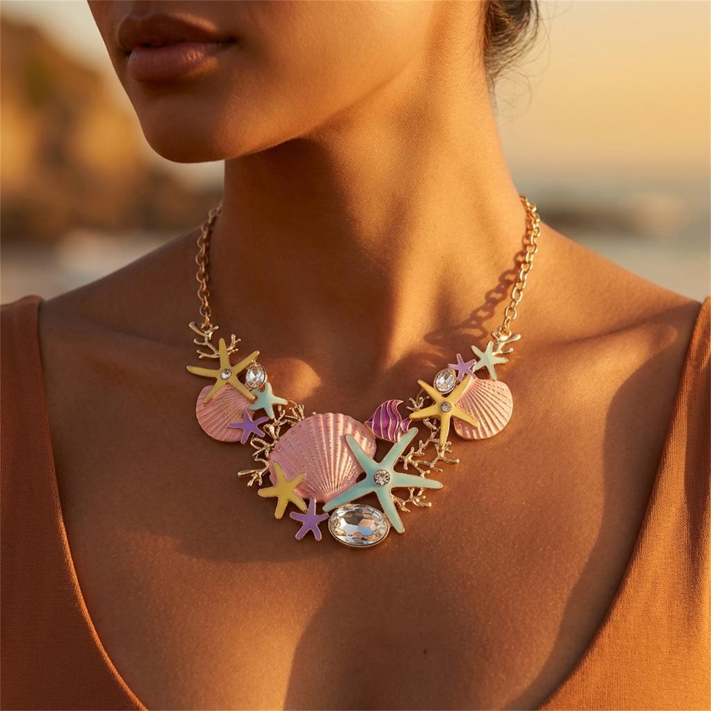 Dopamine Starfish Shell Coral Diamond-Encrusted Necklace Beach Vacation Style Accessory Women's Fashion Trend Gift