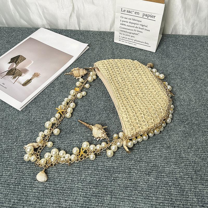 Yogodlns Borsa da Donna Bohémienne in Paglia Perle Conchiglia Borse Intrecciate a Mano Intrecciata a Mano Conchiglia Stella Marina Borsa da Spiaggia Rattan Mezza Luna Borse a Spalla