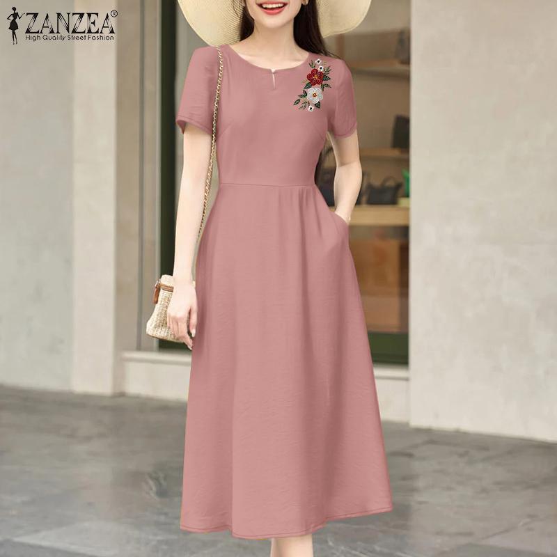 ZANZEA Women Summer Round Neck Short Sleeve Casual Floral Embroidery Dress