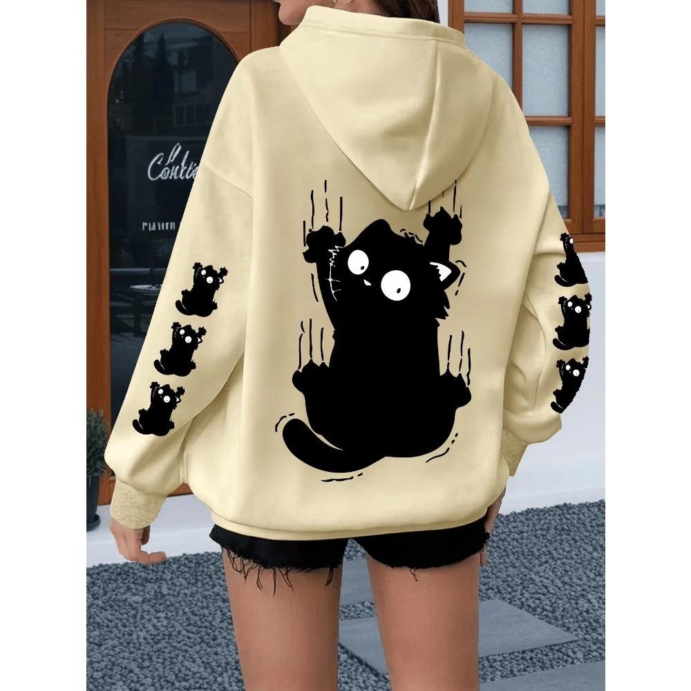 Autumn Winter Creative Cute Scratch Black Cat Print Hooded Sweatshirt Loose Comfortable Casual Sport Long Sleeves Hoodies