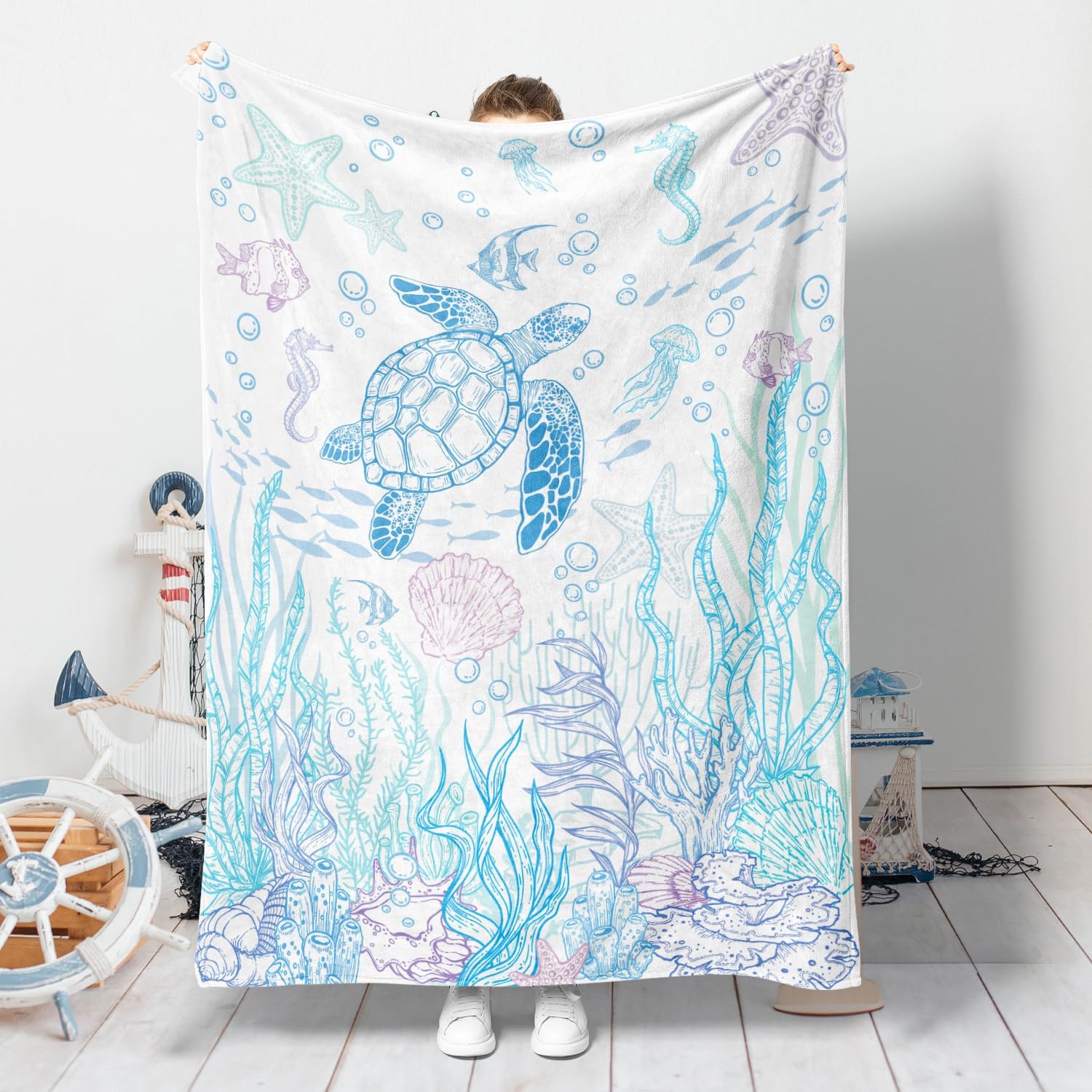 

Sea Turtle Throw Blanket Nautical Coastal Throw Blanket Gift for Turtle Lover Throw Blankets Beach Coral Reef Flannel Fleece Thr 75x90cm