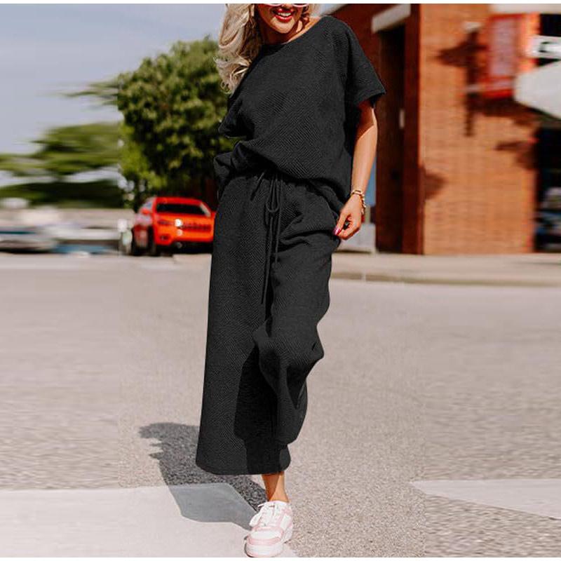 Sets for Women Summer Lounge Sets O-Neck Tops Wide Leg Crop Pants Vacation Travel Outfits