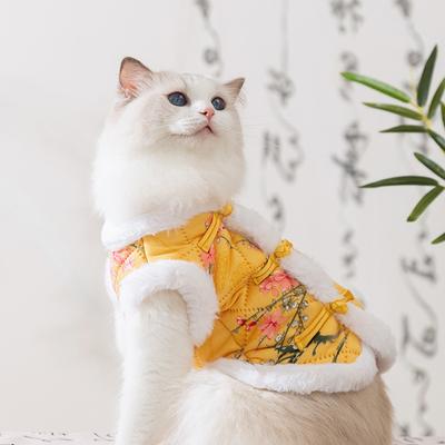 Kattenkleding, bloemen, nationale stijl, Chinese stijl sluitingen, herfst en winter voor kittens om warm te houden en haaruitval te voorkomen, gewatteerde kleding