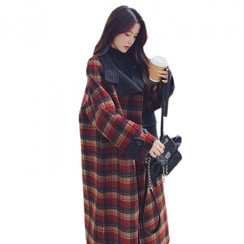 Medium and Long Plaid Woolen Coat Women's Korean Version Loose Retro Thickened Woolen Coat