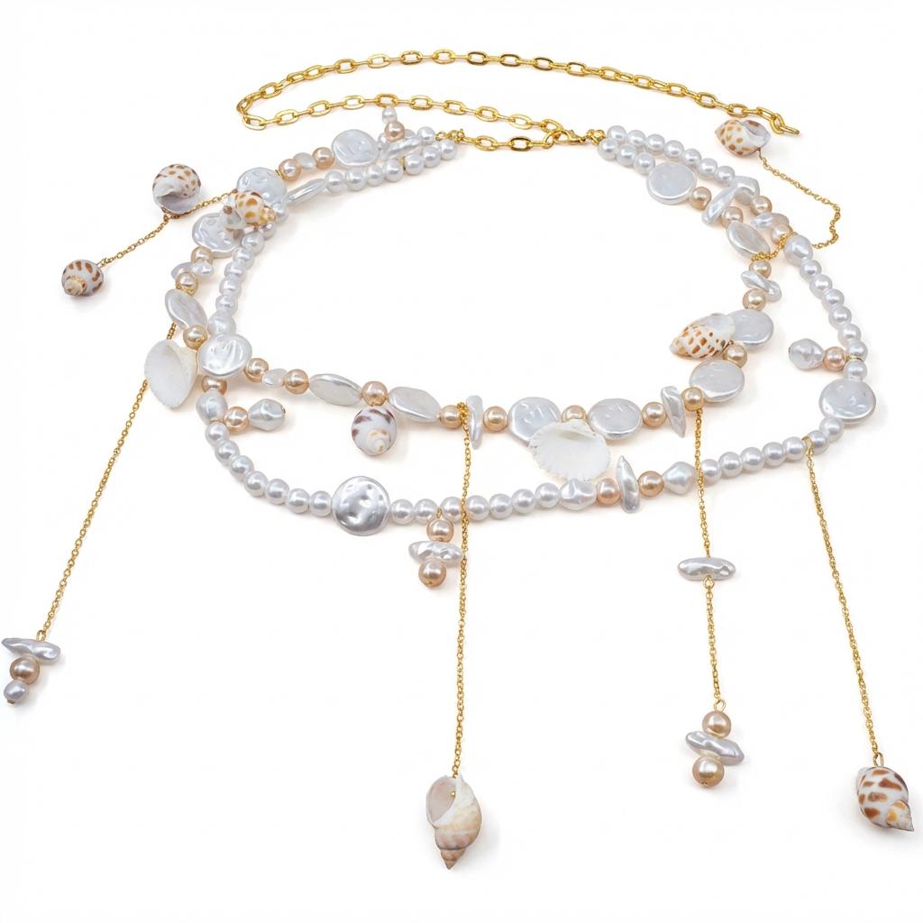Bohemian Pearl Shell Belly Chain For Women Double Layer Conch Scallops Metal Tassel Waist Belt Summer Beach Bikini Body Jewelry