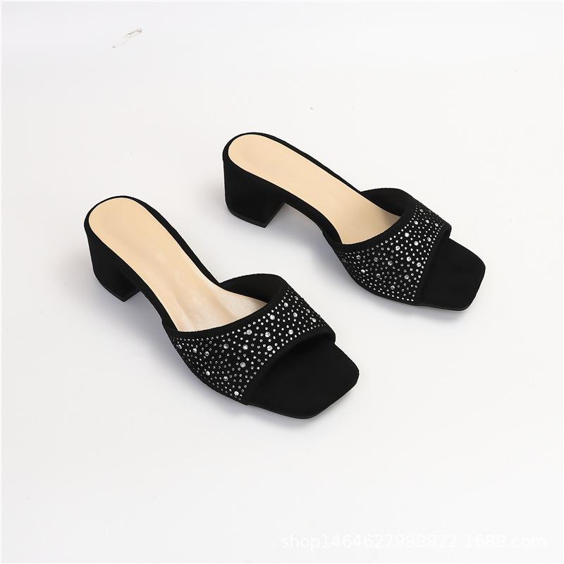 Fashion Full Diamonds Woman Open Toe Mules Shoes Summer High Heels Slides Ladies Slip On Crystal Slippers Wedges Pantufla Velvet Sandals