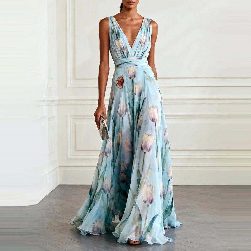 2026 summer new French V-neck light blue tulip print sleeveless long dress