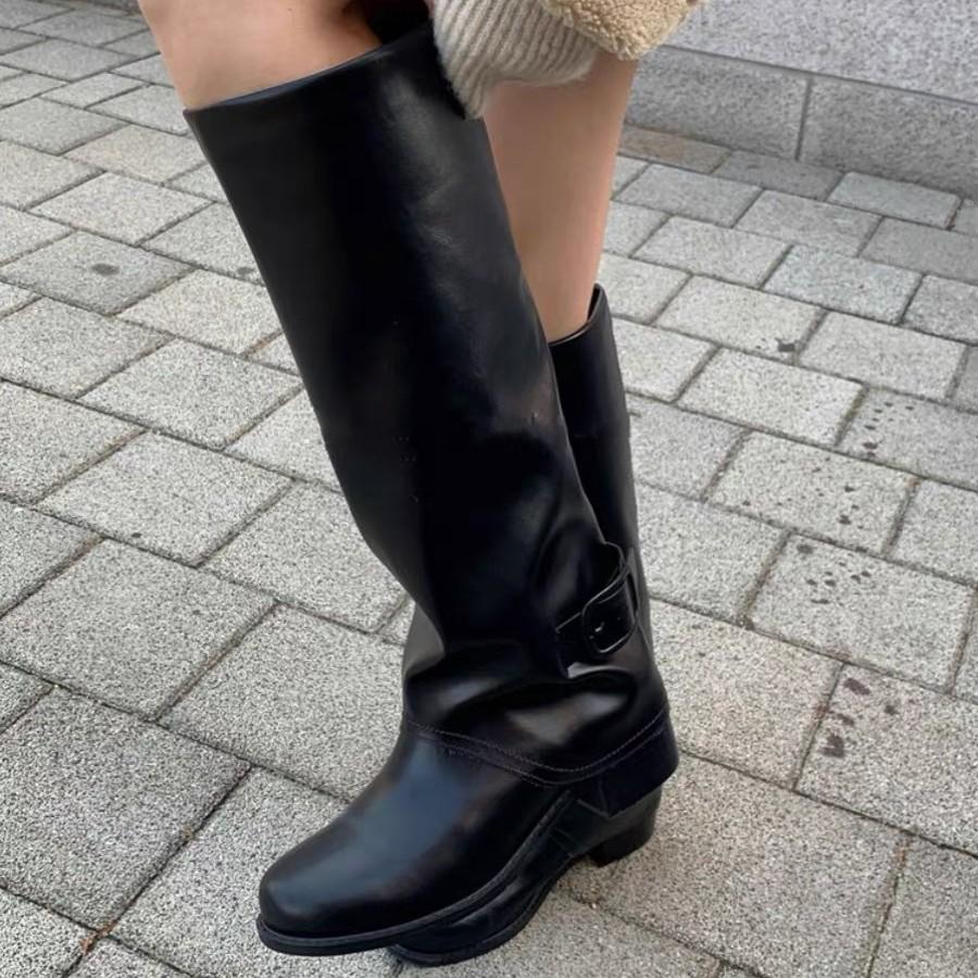 Autumn and Winter New Round Head Square Heel Belt Buckle Sleeve Loose Knight Retro Boots