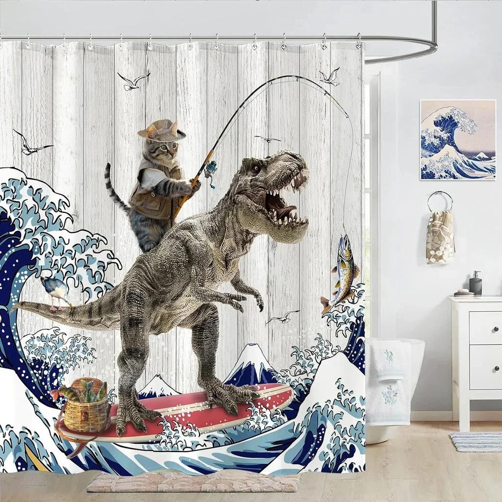 Funny Shower Curtains Bathroom Curtain With Hooks Decor Waterproof Cute Cat Dinosaur Bath Polyester Fabric