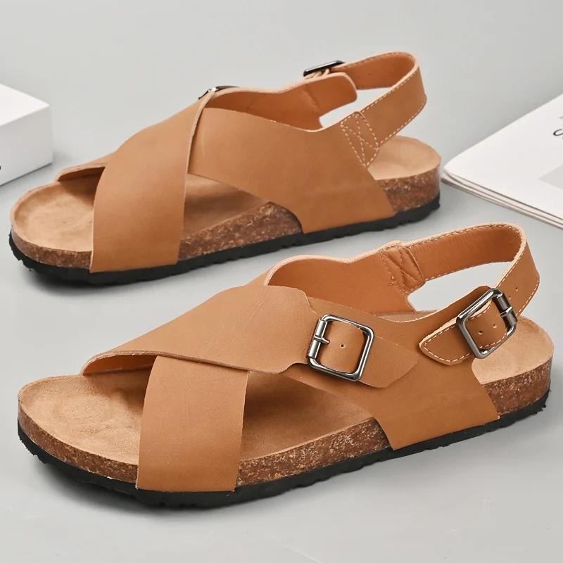 Fashion Summer Breathable Brand Cork Sandals Mens Open Toe Sandals Outdoor Walking Shoes Lightweight Gladiator Male Beach Slippers Flats