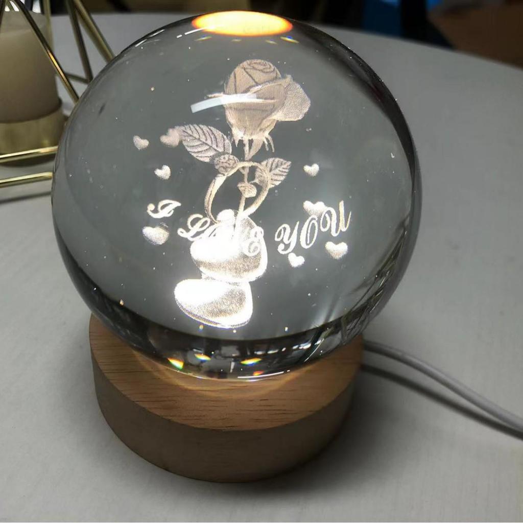 3D Galaxy Carved Crystal Ball Night Light with Wooden Base - Luminous Ornament Birthday Gift