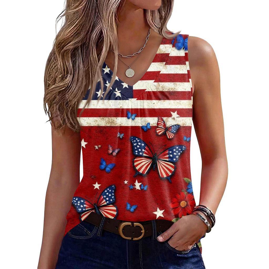 Womens Tank Tops Sleeveless Loose Fit Tops V Neck Pleated Shirts Basic Tees