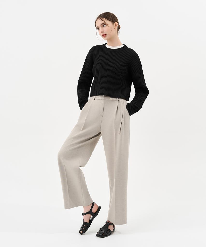 Laneonkyulleoseu Belt Detail Pintuck Wide Pants_Melange Beige