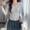 Design sense niche long-sleeved trendy brand waist V-neck T-shirt women's spring and autumn slim irregular hem hot girl short top