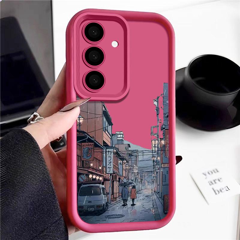 Silikon Mykt Deksel med Tegneserie By-mønster for Samsung S25 S24 S22 Ultra Plus S23 S21 S20 Fe A55 A54 A53 A35 A15 A16 Ensfarvet Linsebeskyttelsesdeksel