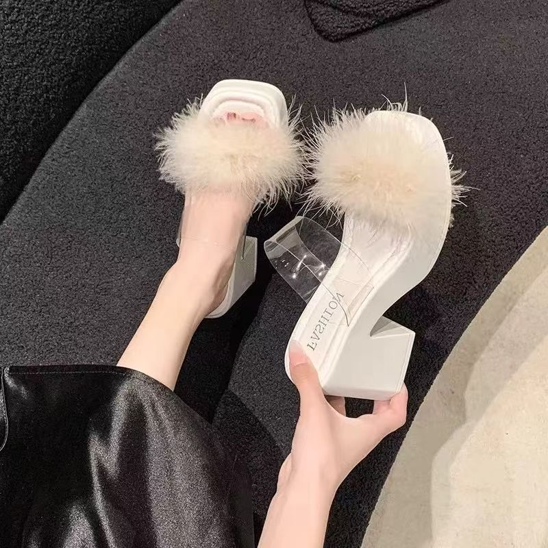 Fairy temperament thick heel sandals female summer 2025 summer new fairy wind transparent word heightening fluffy slippers female