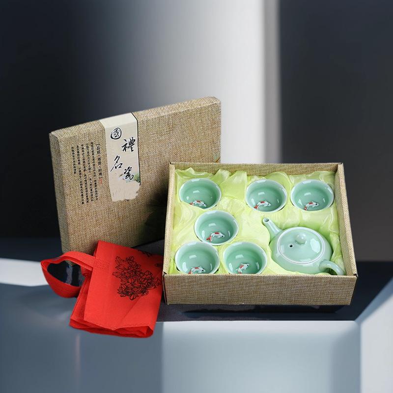 Teapot Set 7 Heads Celadon Ceramic Tea Set Gift Box Kung Fu Tea Set Carp Tea Cup Gift