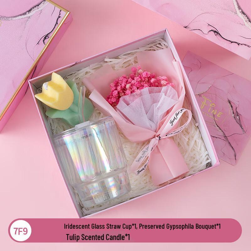 Elegant Gift Set with Glass Tumbler, Bouquet & Scented Candle 7F9