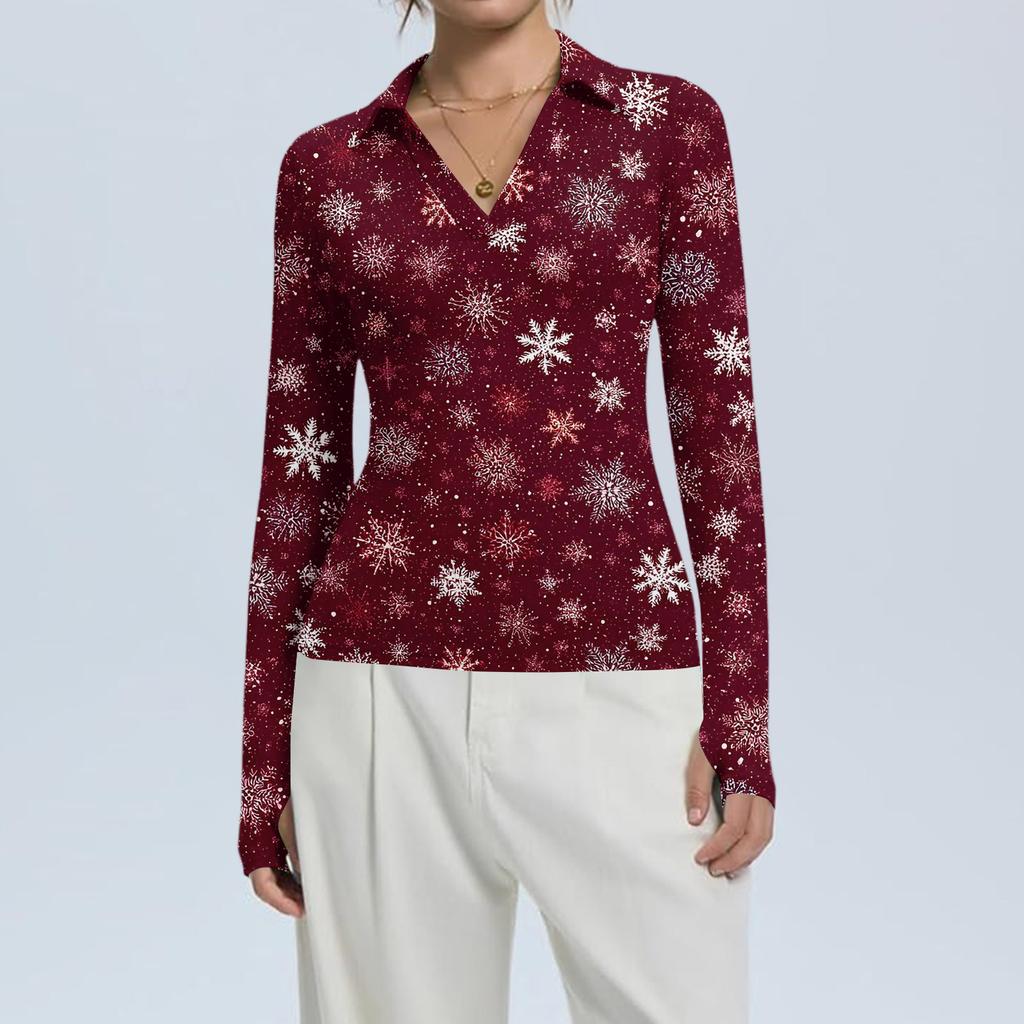 Women's Fashion Casual Christmas Print V-Neck Long Sleeve Button-Down Top