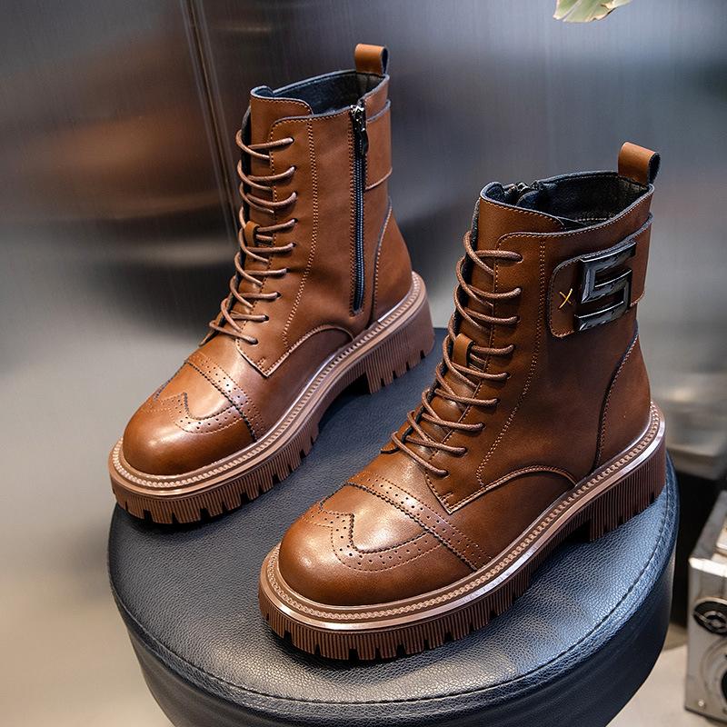 Autumn and winter new thick-soled medium-tube leather Martin boots women's velvet short boots thick-soled casual women's shoes