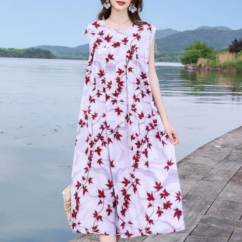 Casual Beach Dresses for Woman Plus Size Loose Vintage Print Long Sleeveless Dress Summer Women's Clothing
