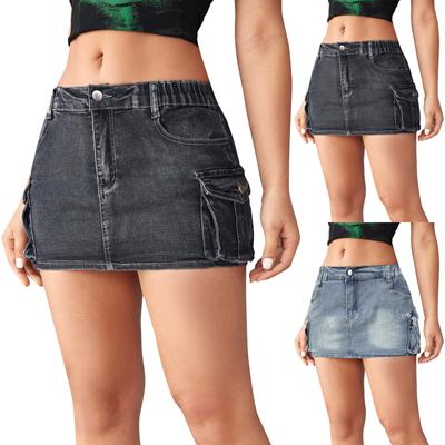 Women's Denim Bustier Summer Vintage Stretchy Tight Workwear Pockets Hip Skirt