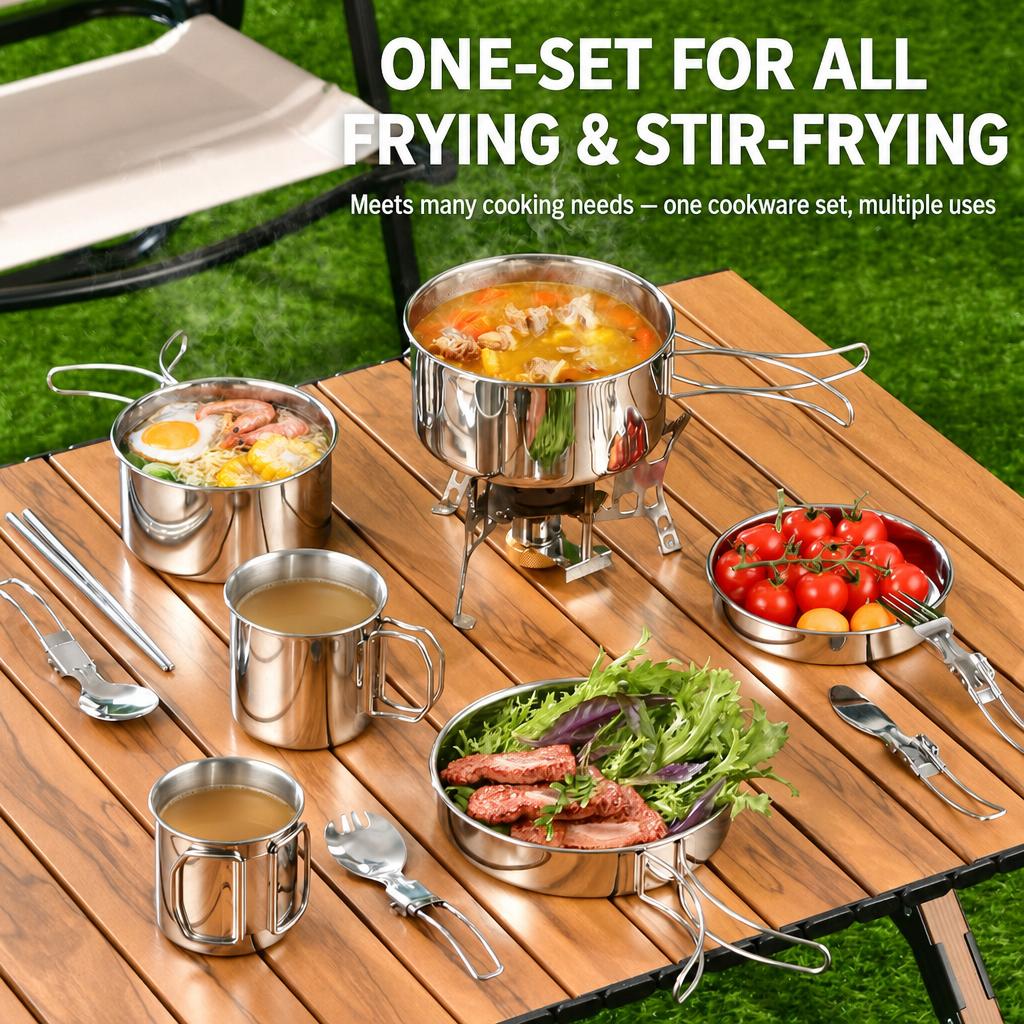 304 Stainless Steel Camping Cookware Set Foldable Tableware Combo Kit for Outdoor Picnic Backpack Cooking Use