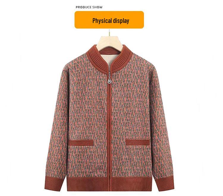 Fat Mama Plus Size Fleece-Lined Cardigan: Warm Autumn Winter Sweater for Middle-Aged & Elderly Women