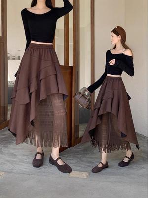 Autumn 2025 Retro Ruffle High-Waist Lace Patchwork Skirt