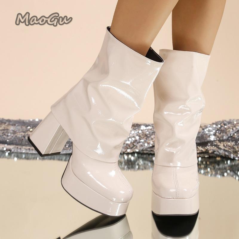 Fashion PU Leather Pleated Short Boots Square Toe Chunky High Heel Botines Dama Black Beige Platform Women's Modern Boots Botas Mujer