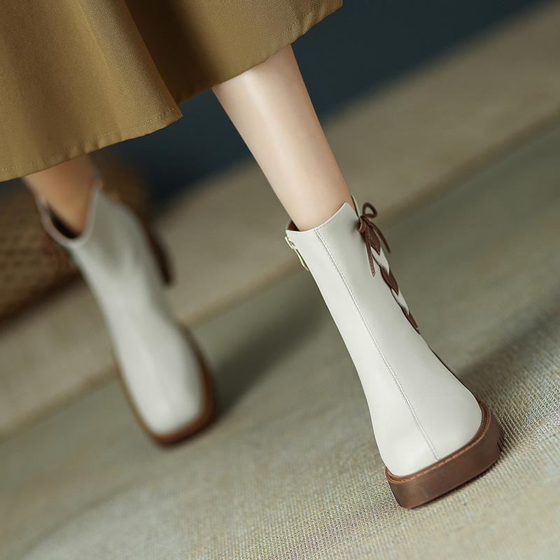 Female Autumn Winter Bow Short Boots for Women Square Head High Heels British Style Side Zipper Thick Bottom Party Shoes
