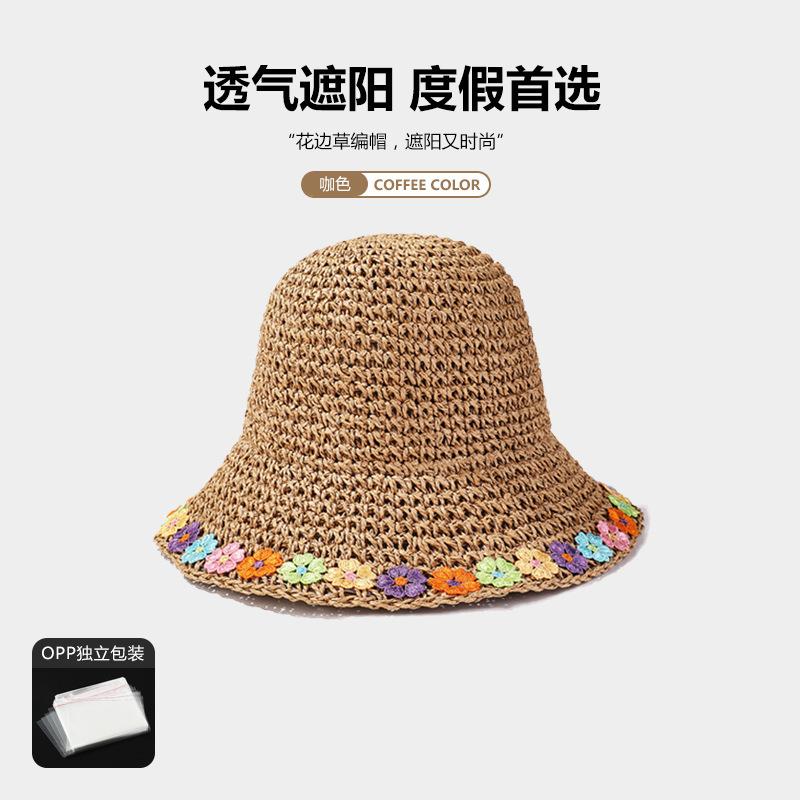 Pearl straw hat summer travel sunscreen sunshade bucket hat new straw seaside vacation net red hat