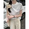 Polka Dot Short-sleeved T-shirt for Women's Summer New Design Slim Round Neck Straight Shoulder Slim Short Top